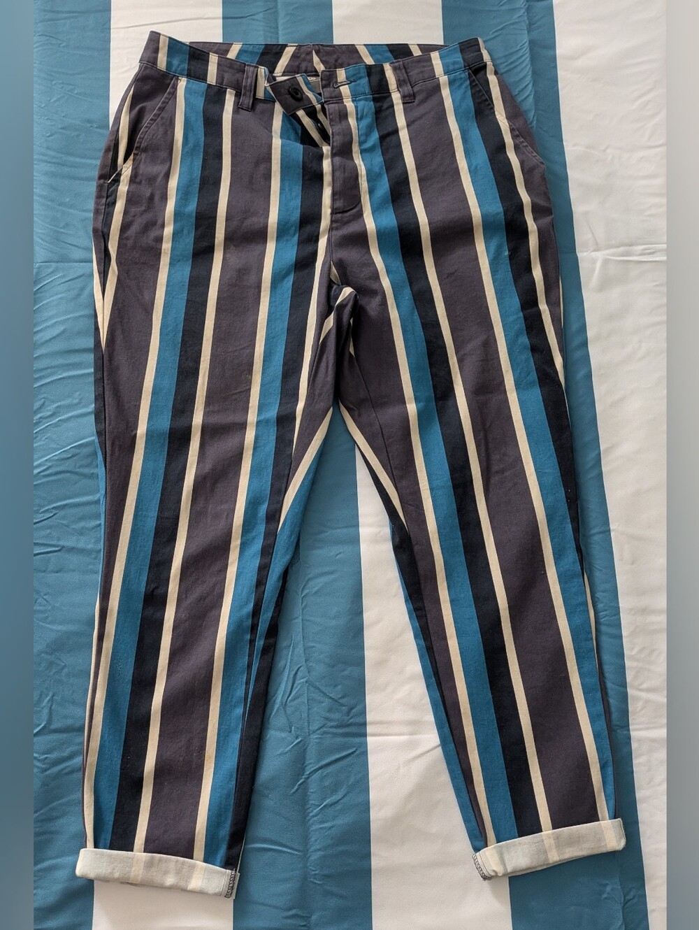 Men's Striped Casual Pants in Navy, Blue & Cream